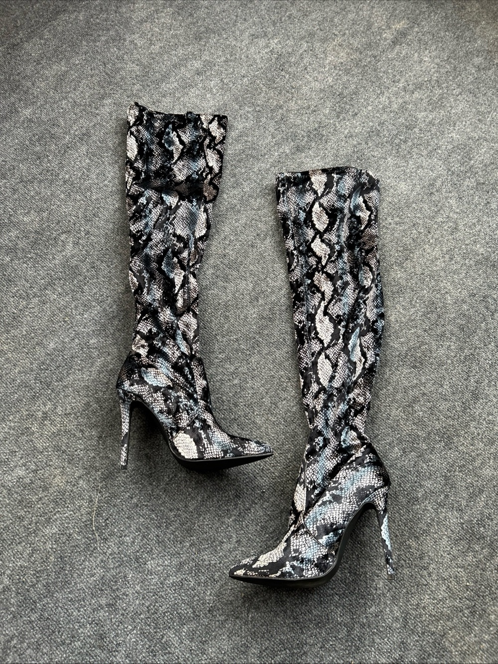 Drop Dead Gorgeous Snake-Print Over-the-Knee Stiletto Boots - Black & Gray